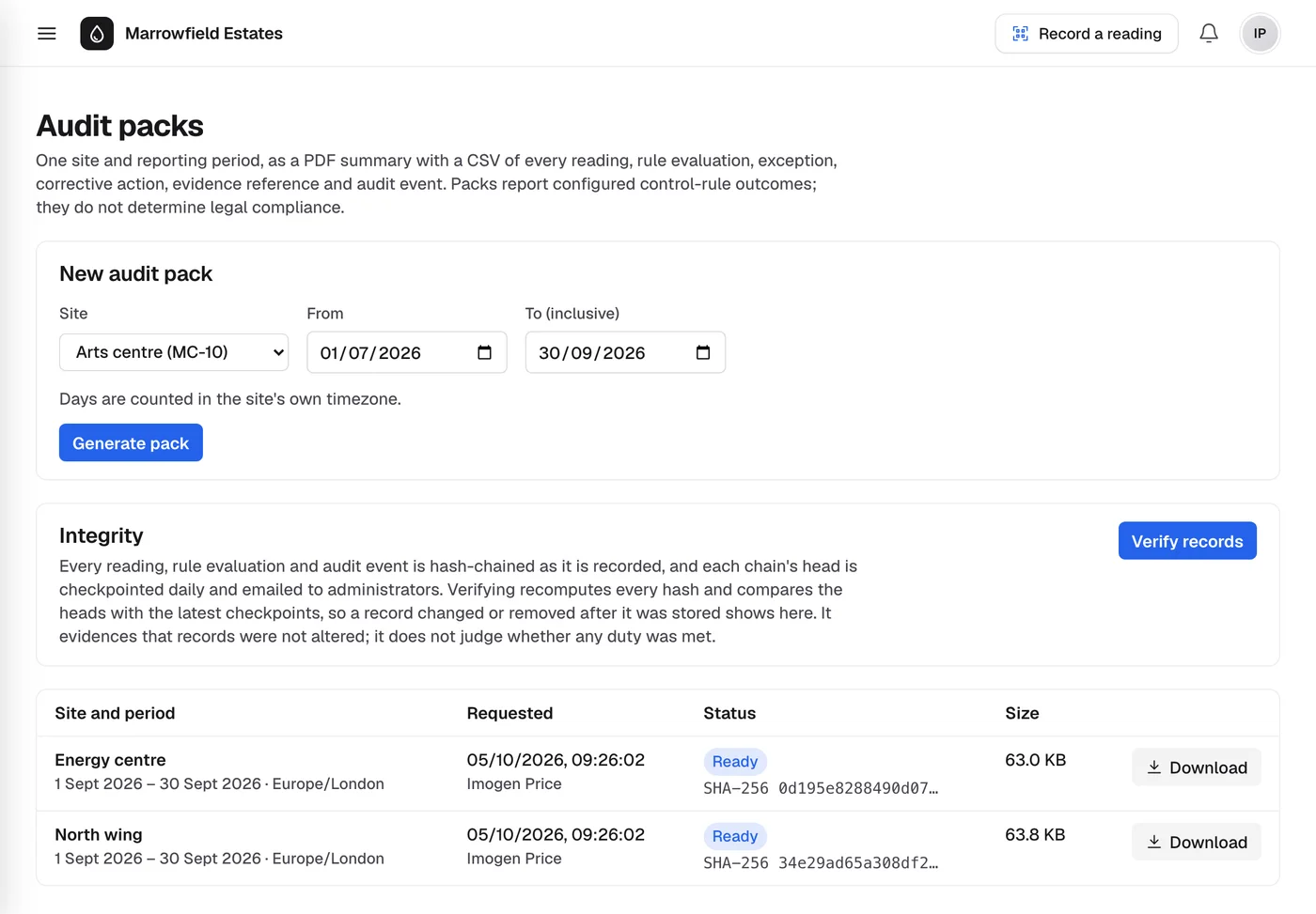 The Audit packs page: a new pack form, the integrity check and two ready packs to download.